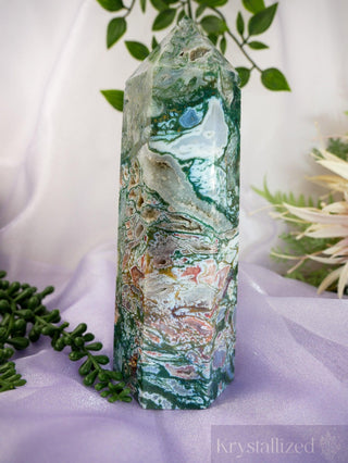 Pink Moss Agate Tower - Krystallized