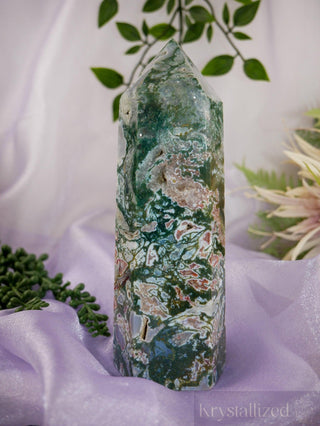 Pink Moss Agate Tower - Krystallized